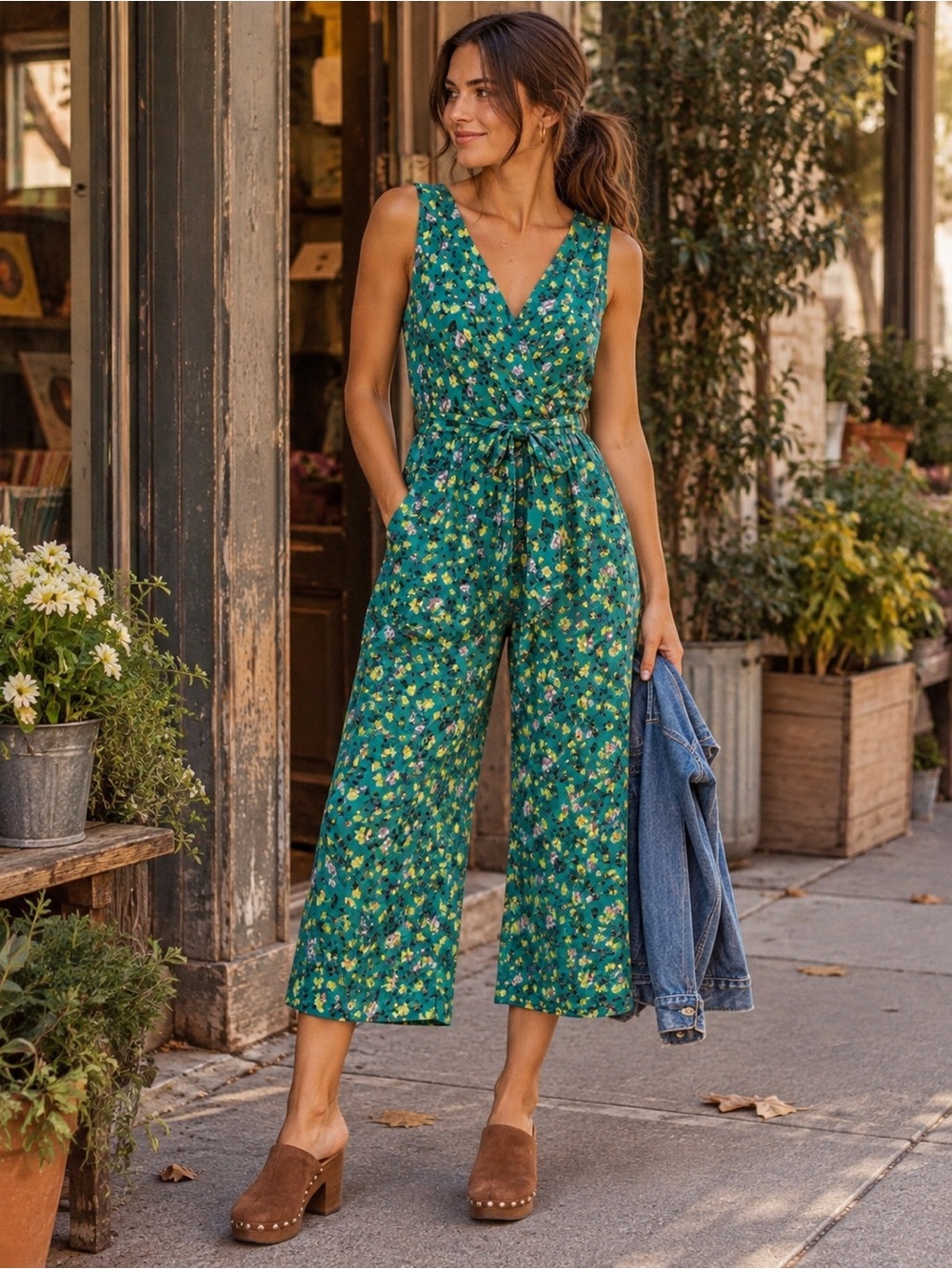 Eyeshadow Floral Wide Leg Jumpsuit Green Tie Waist Pockets Size L